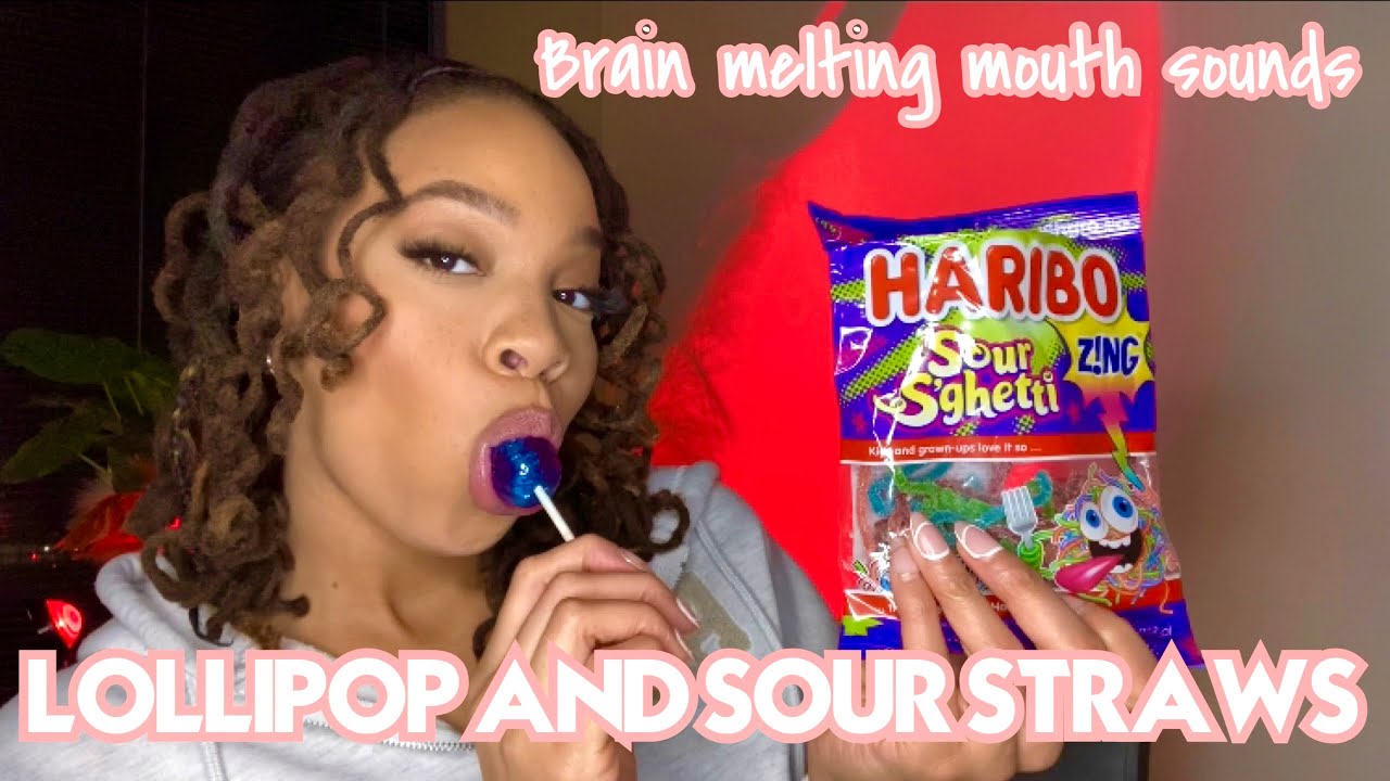 BRAIN MELTING MOUTH SOUNDS: EATING A LOLLIPOP AND SOUR GUMMY STRAWS!! 🤯🍭