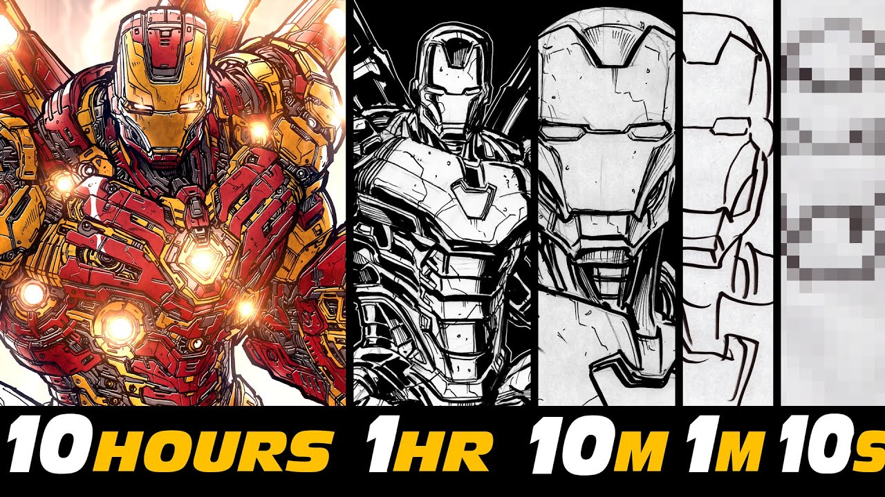 The most DETAILED IRON MAN DRAWING EVER! IRON MAN in 10 HRS | 1 HR | 10 MIN | 1 MIN & 10 SEC!