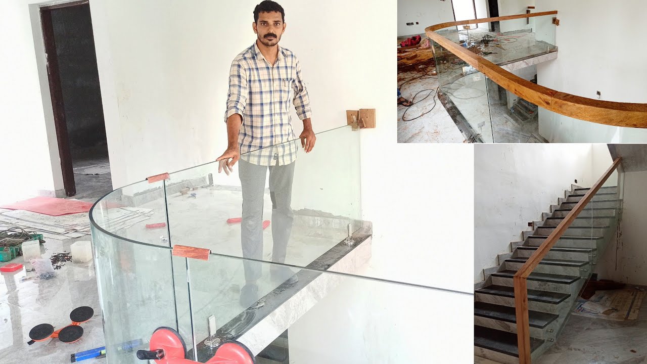 ഗ്ലാസ്സും മരവും വച്ച് 👌🏻ഹാൻഡ്റൈൽ ഫിറ്റിങ്ങ് | Staircase & Corridor Bend Glass Rail Work | Glass Rail