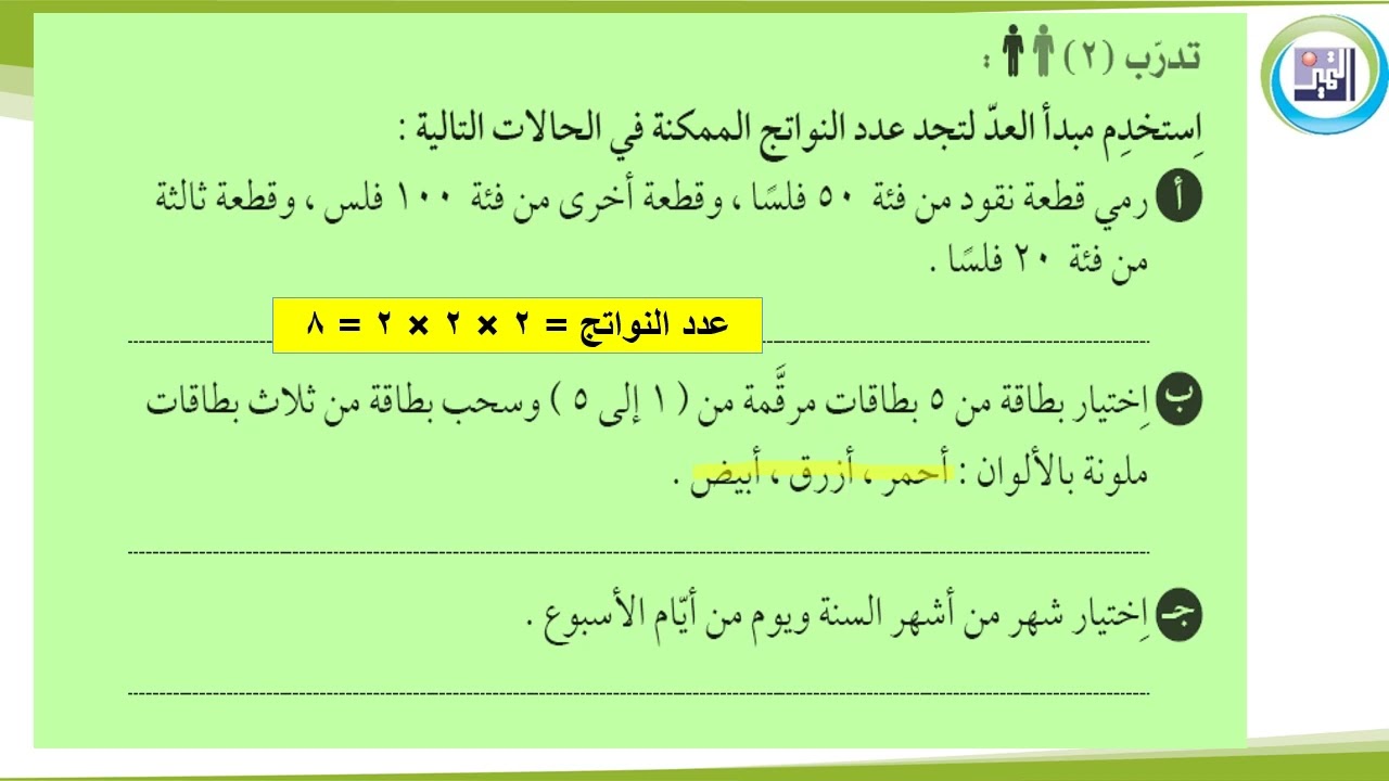 الصف السابع  رياضيات   الوحدة الثانية عشرة  بند12  1 مخطط الشجرة البيانية ومبداأ العد