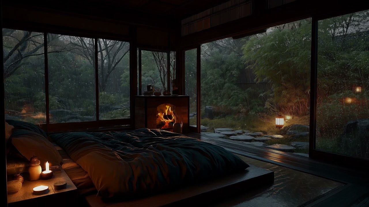 Relaxing Heavy Rain in Cozy Zen Garden Ryokan 🌧️ Warm Lantern & Rain on Window for Sleep Study