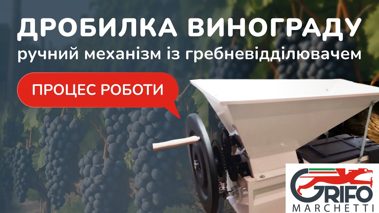 Як працює дробилка (дробарка) винограду Grifo Marchetti з відділенням гребеня