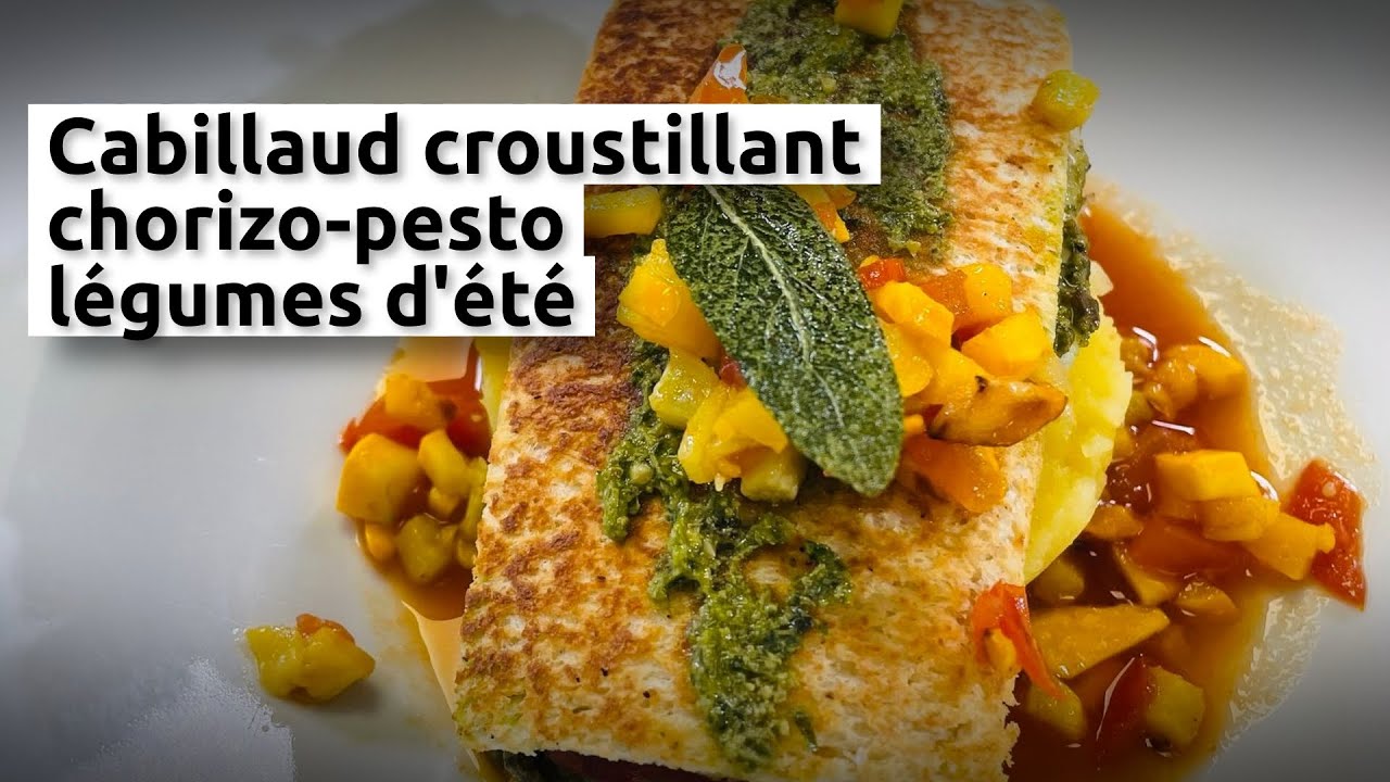 Cabillaud croustillant, chorizo-pesto, légumes d'été