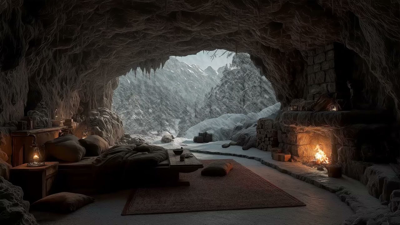 Soothing Cozy Winter Cave Ambience ❄️ | Fireplace Crackling & Blizzard Sounds for Sleep & Calm