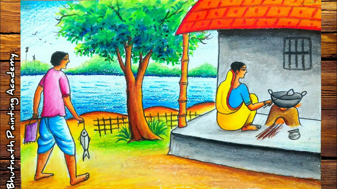 nature drawing of beautiful village with human figure||scenery painting