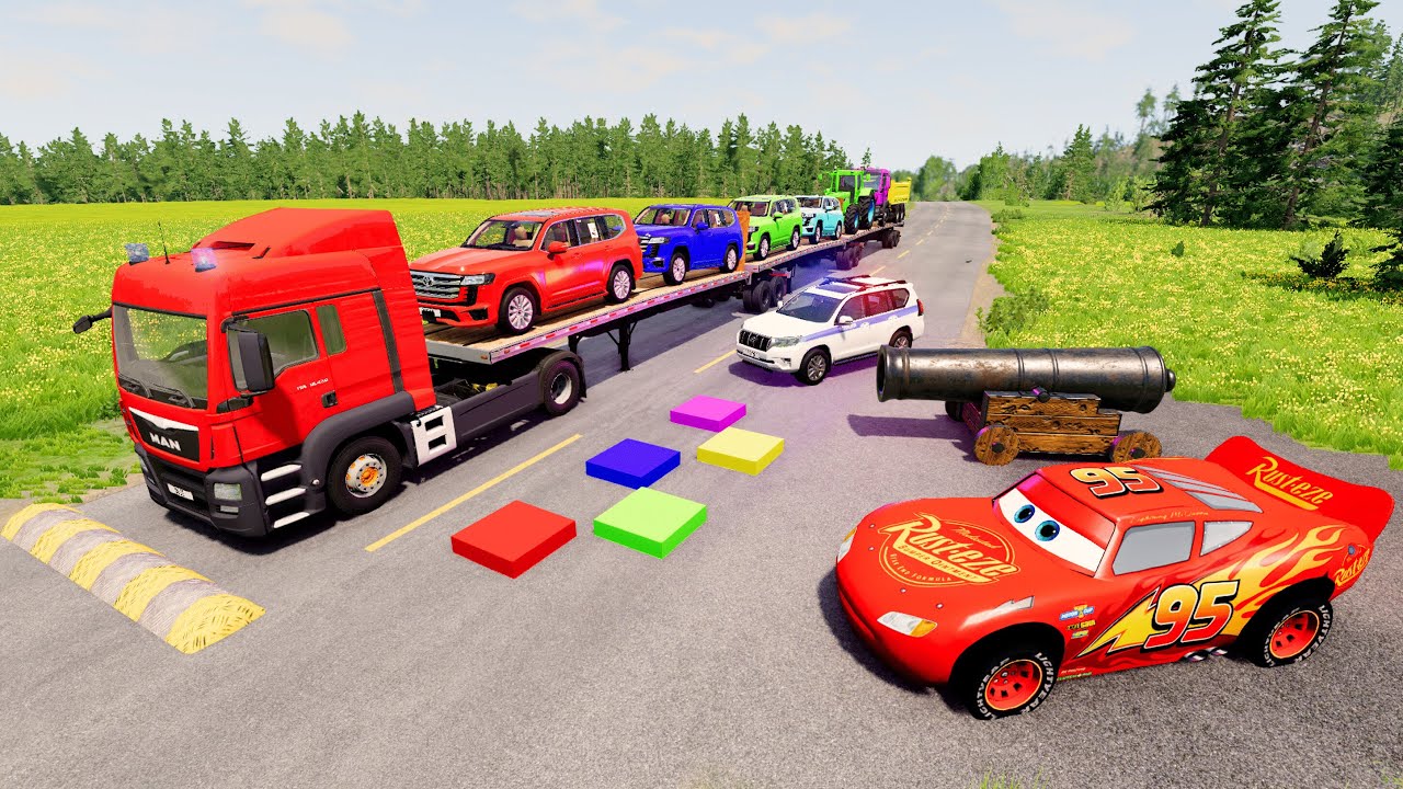Flatbed Truck McQueen | Transportation with Truck - Pothole vs Car #38 | BeamNG.Drive Gameplay