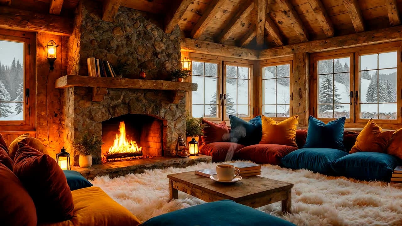 Mountain Lodge Winter Fireplace Jazz Lounge - Soft Snow Views & Deep Relax 10 Hours