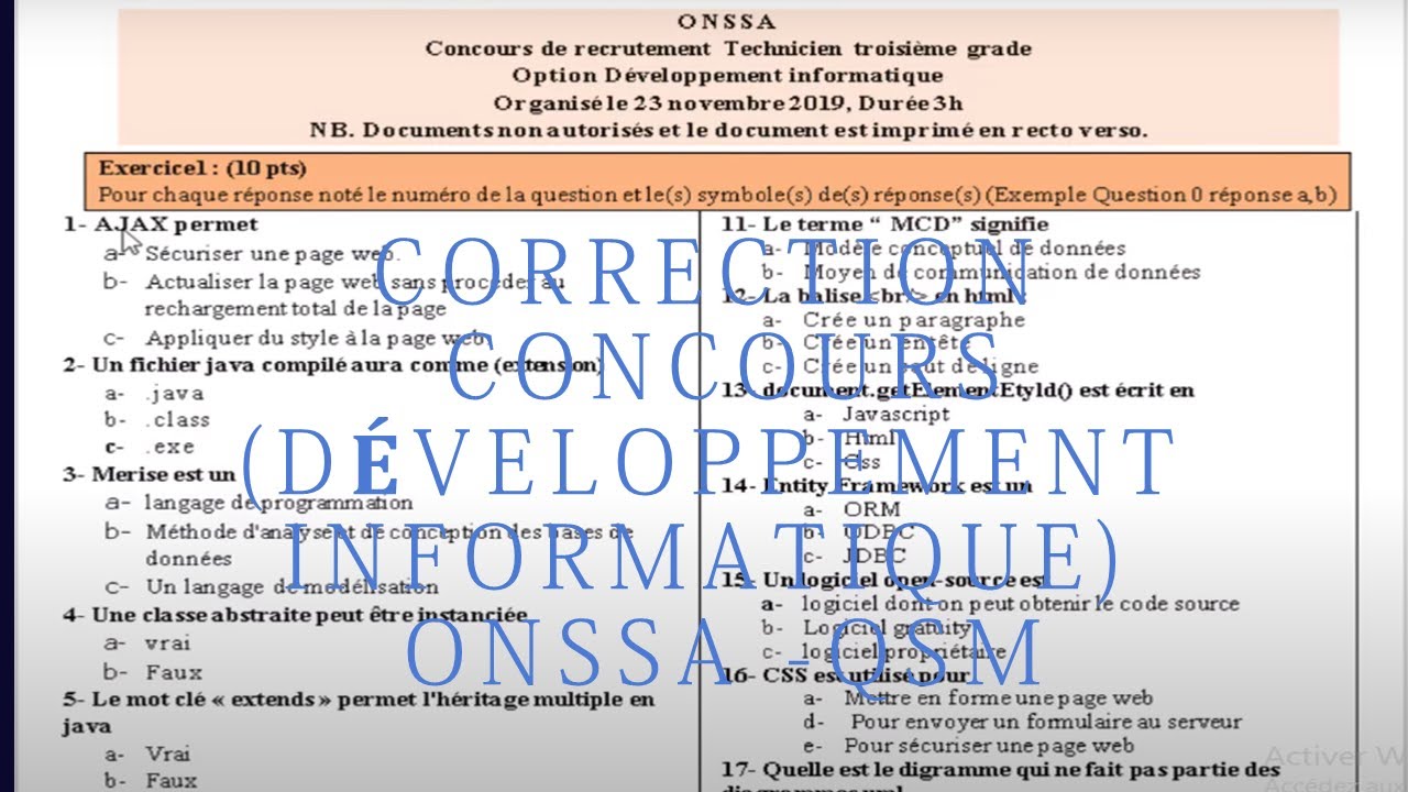 Correction Concours (Développement informatique) ONSSA Part1 -QSM  ,qcm corrigé en informatique