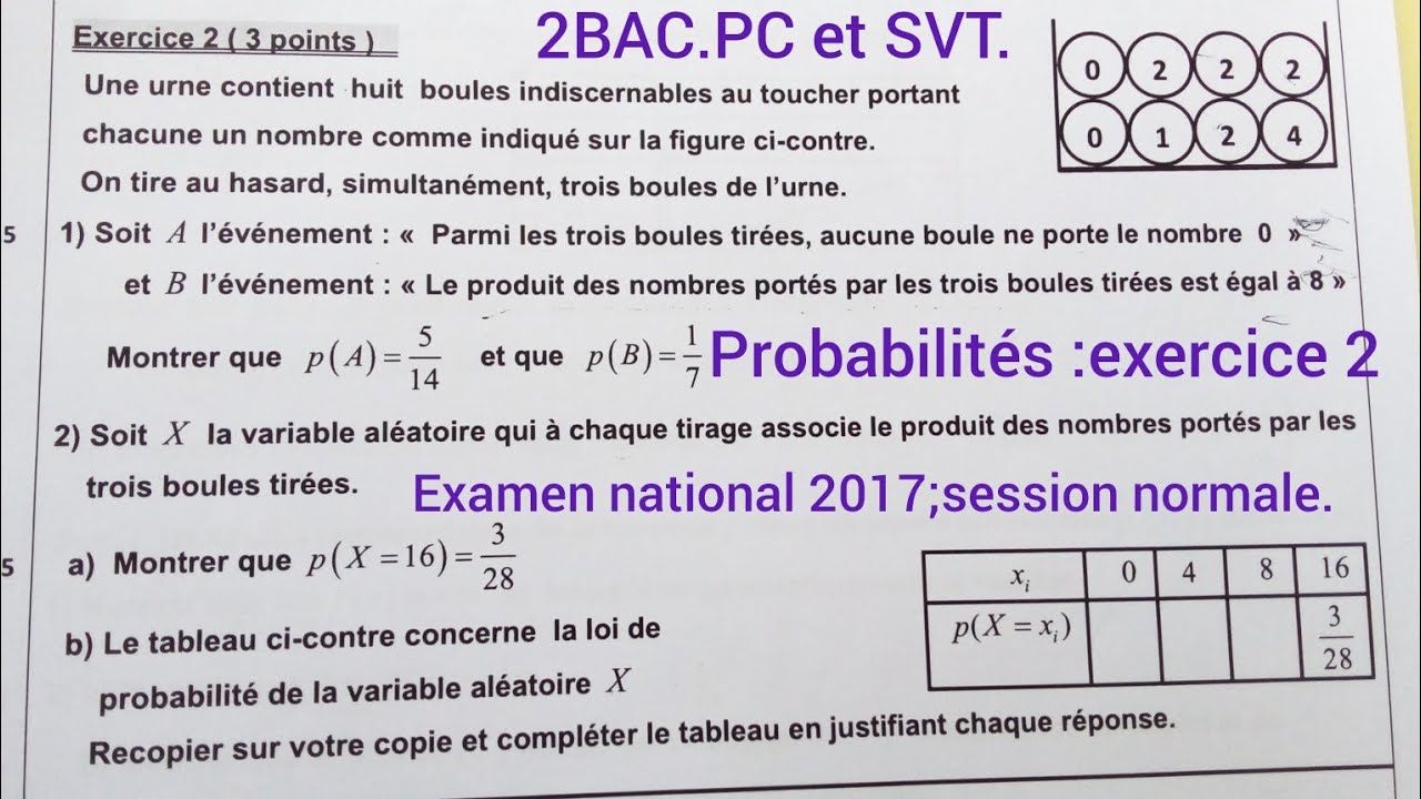 Probabilités :examen national de l'année 2017, session normale ;ex2, 2BAC PC ET SVT.