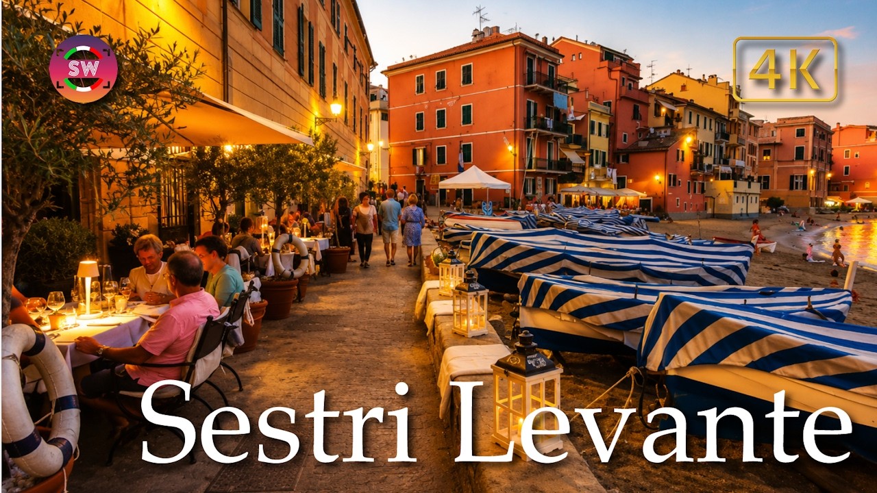 Sestri Levante at night (Liguria), Italy【Walking Tour】4K