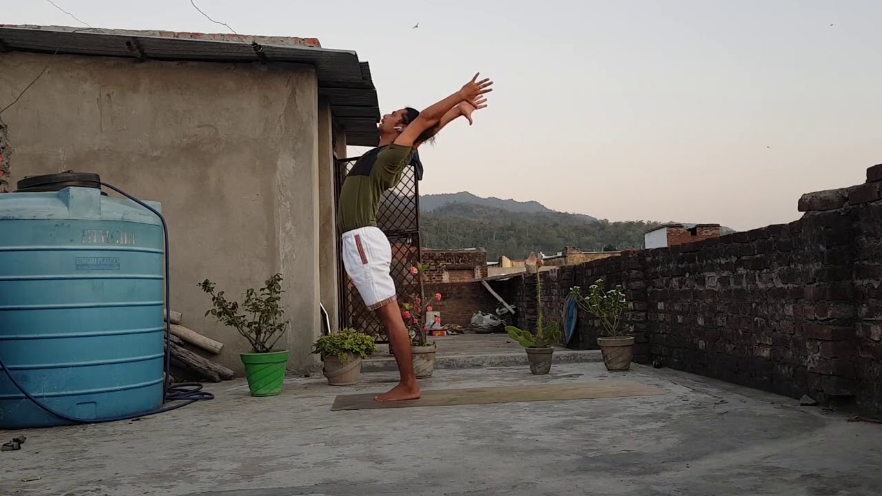 Sun salutation of hatha yoga with chanting  MANTRA