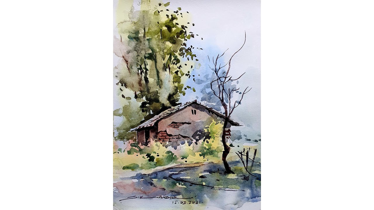 Easy Landscape watercolor painting by Sikander Singh Chandigarh India