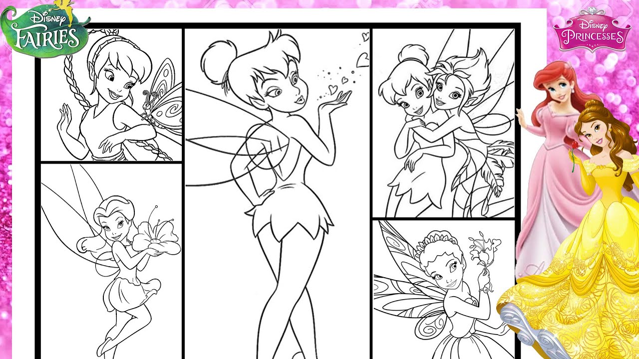 Tinkerbell Coloring Page MAKEOVER to Disney Princesses ELSA AURORA ARIEL BELLE ANNA TIANA Together