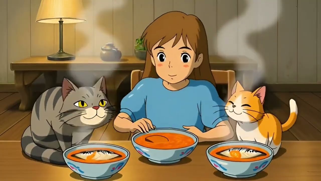 Cute Cat and Kittens Enjoying There Life | Ghibili Style