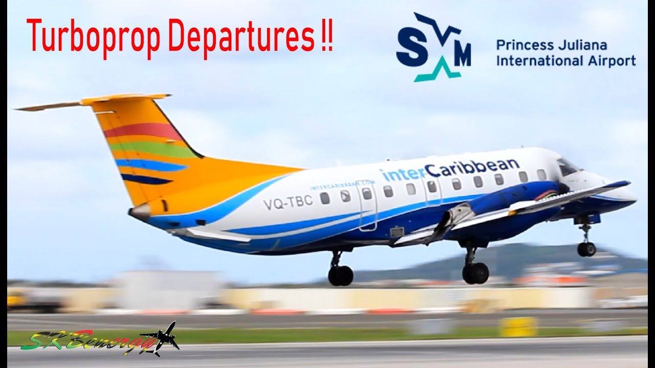 (7) Turboprop Departures @ St. Maarten !!! Air Antilles ATR, Liat ATR, Seaborne Saab 340, Winair..