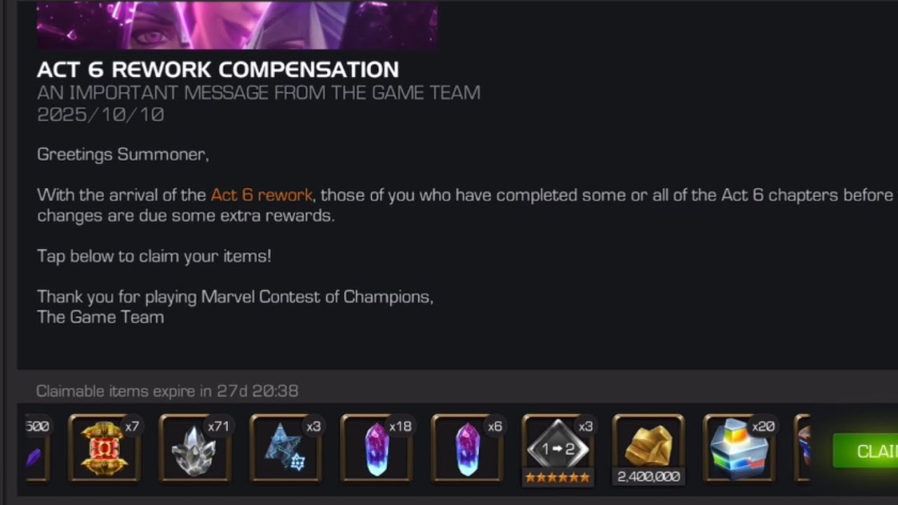 MCOC: Act 6 Compensation Rewards