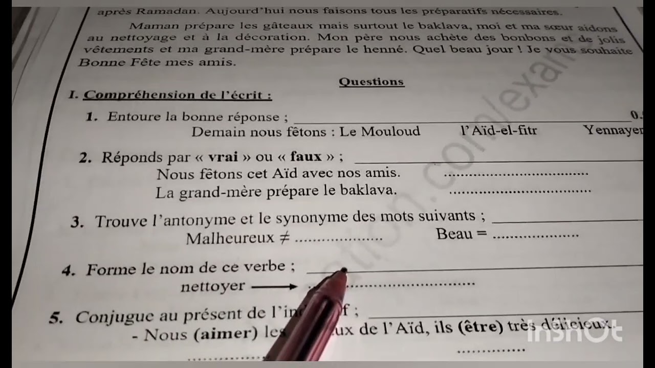 examen du 2eme trimestre pour les 4 ap اختبار اللغة ا الفرنسية الفصل الثاني لتلاميذ الرابعة ابتدائي