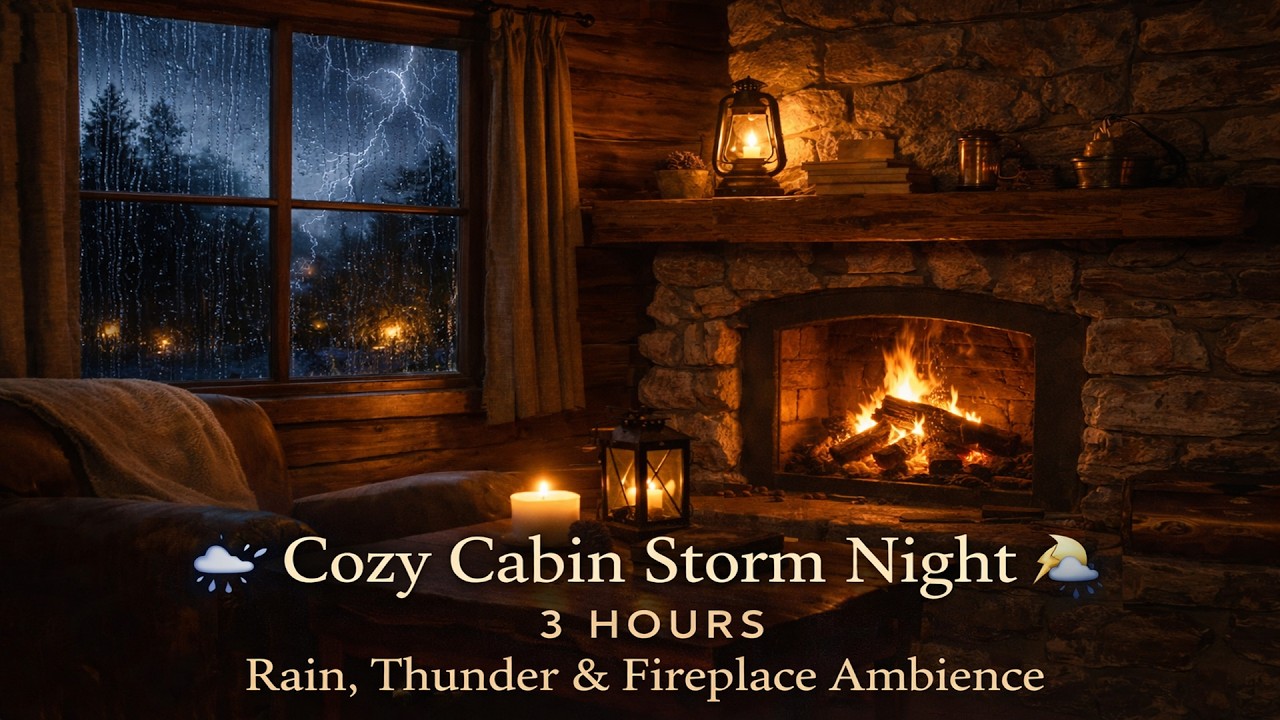 🌧 Cozy Cabin Storm Night 🌩 3 Hours Rain, Thunder & Fireplace Ambience