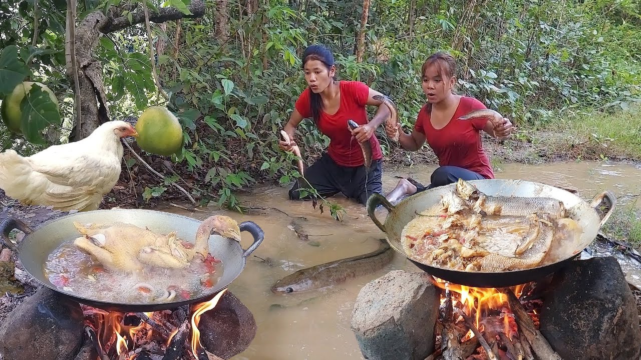 Survival skills: Catch fish in the rainforest, Fish curry tasty for jungle food, Chicken soup chili