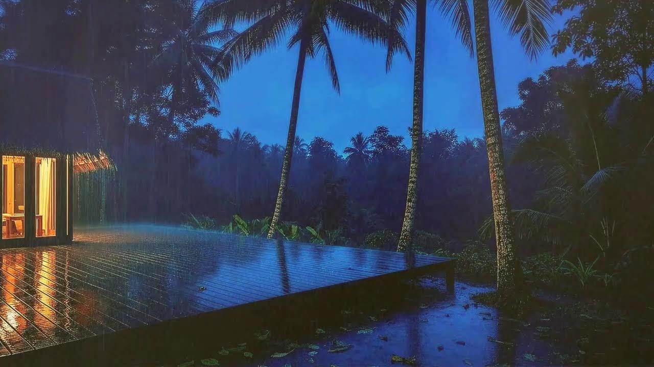 Drift to Sleep with Gentle Rainfall and Distant Thunder Murmur at Wooden Cabin Terrace 🌧️