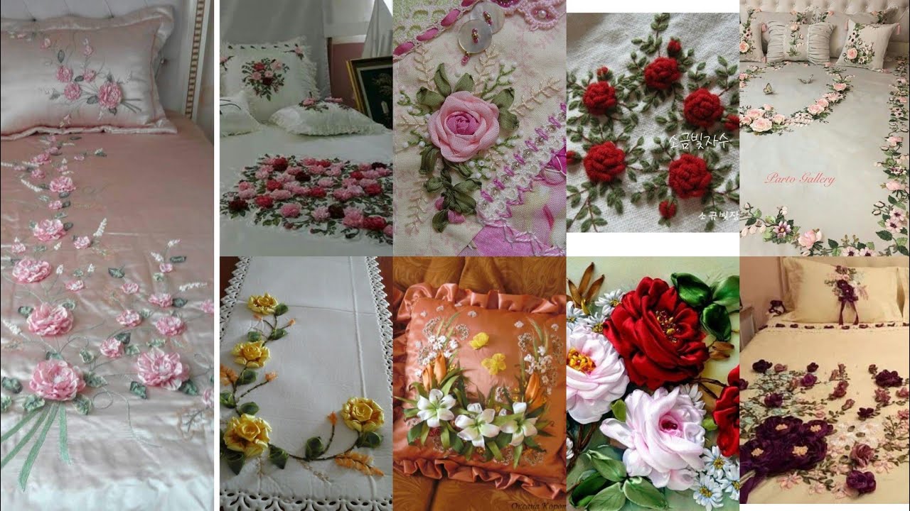 Ribbon work bed sheet pillows and impressive cousins Embroidery/ribbon embroidery rose