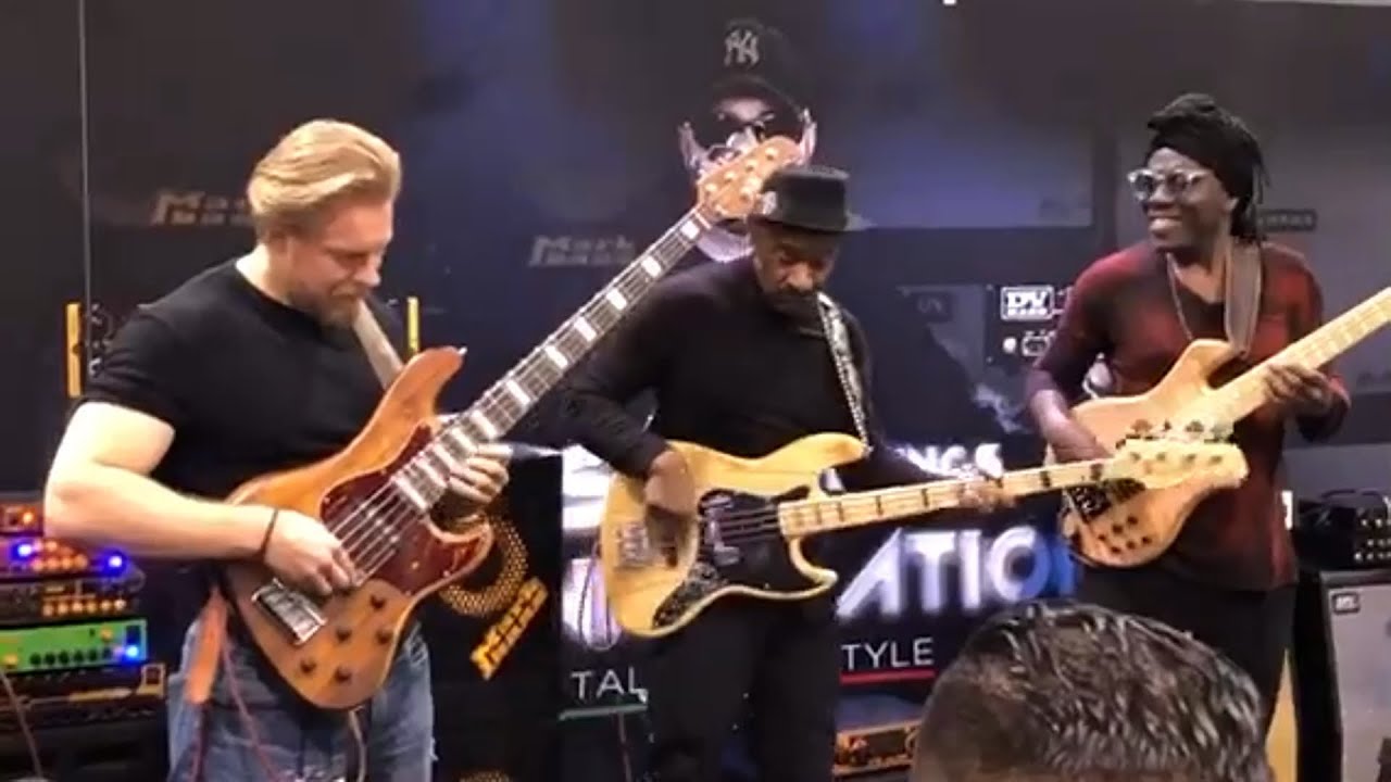 Marcus Miller w Hadrien Feraud & Richard Bona @ NAMM 2019 MarkBass Booth.