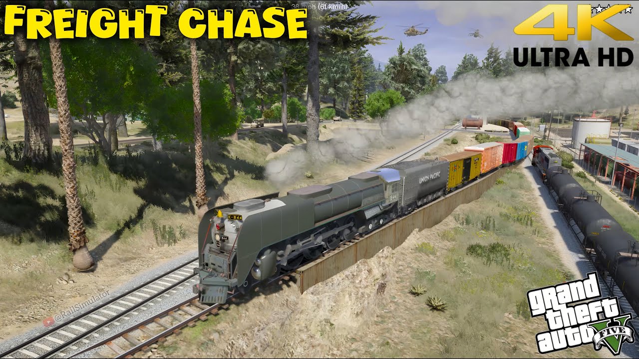 Steam Locomotive X-844 Freight Train Chase by Army and Tanks - Grand Theft Auto V