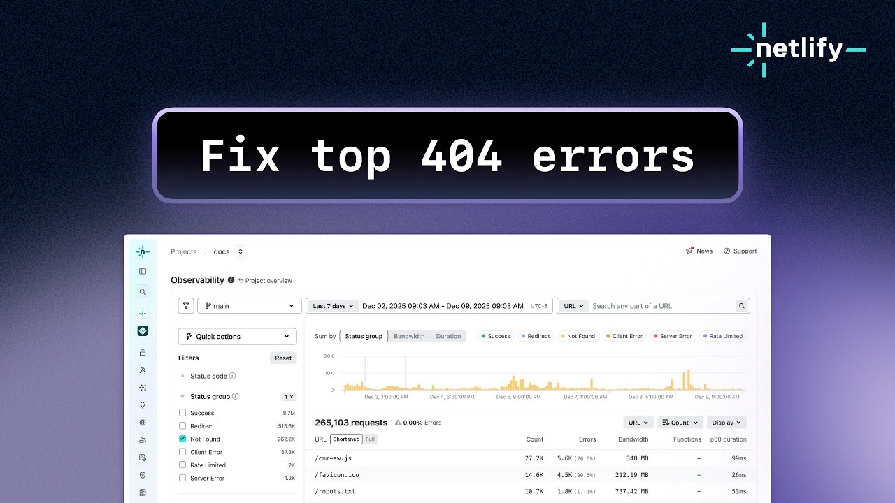 Fix top 404 page not found errors with Netlify Observability