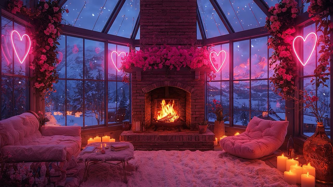 Galentine's Day Ambience 💕 Pink Snow Cottage Fireplace ❄️ Self-Love Piano Music & Cozy Winter Vibes
