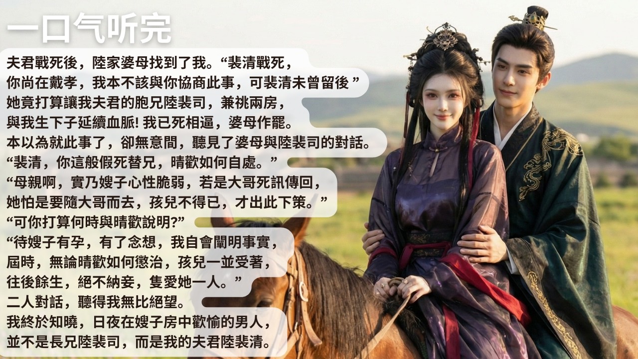 【完結】夫君戰死後，陸家婆母找到了我。“裴清戰死，你尚在戴孝，我本不該與你協商此事，可裴清未曾留後 ”她竟打算讓我夫君的胞兄陸裴司，兼祧兩房，與我生下子【30分鐘聽完全文】#一口氣看完 #完結 #小說