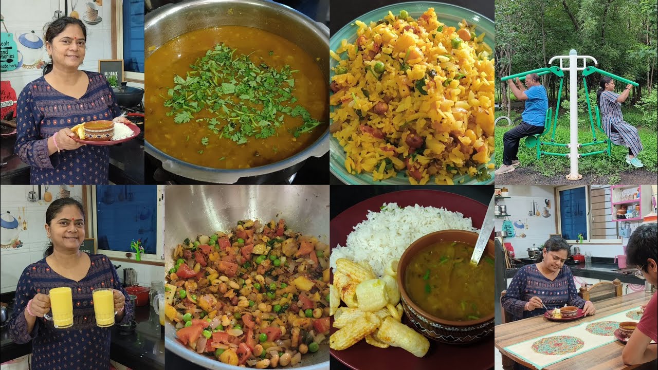 morning walk +Breakfast & Dinner🍱 tamatar poha🌺 gud wali chai🌺 urad dal tadka🌺 rice🌺 mango milkshake
