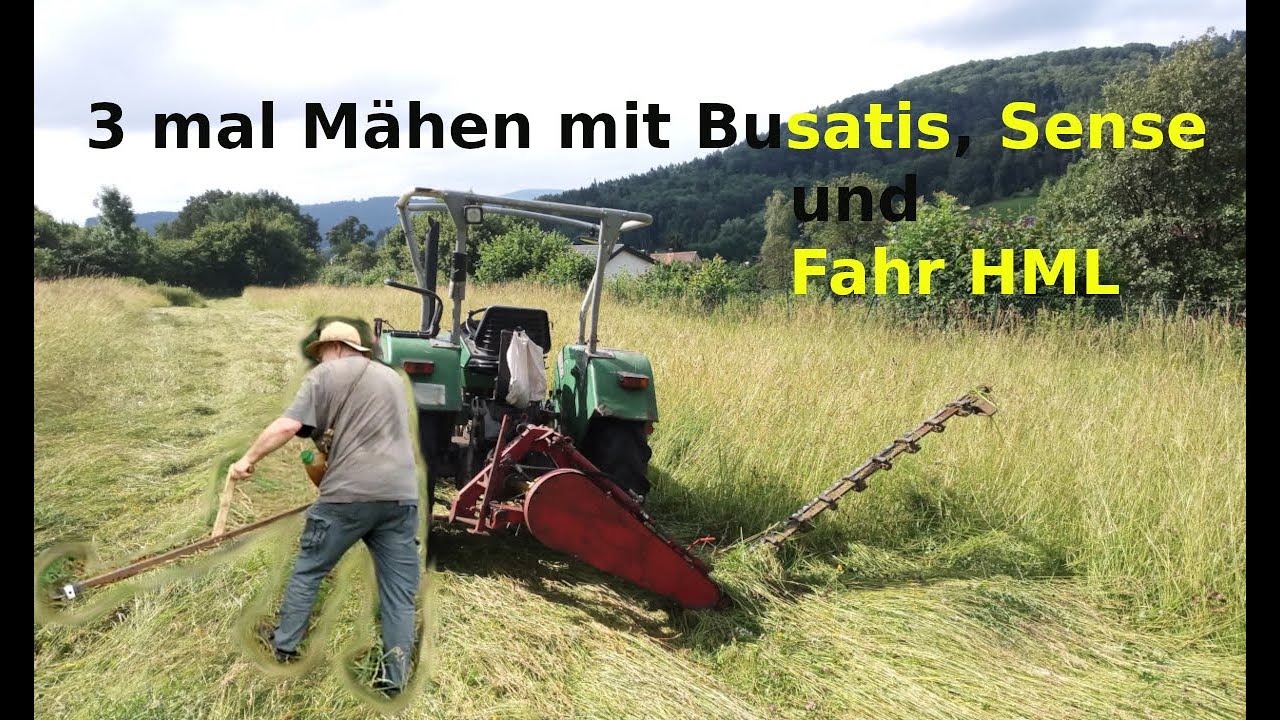 3 mal Mähen: Mit dem Doppelmessermähwerk, der Handsense und dem Fahr HML gegen das dichte Gras.
