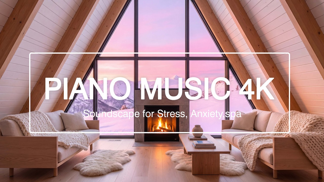Snowfall at Cozy Winter Living Room Ambience ❄️ Slow Piano Music & Fireplace Sounds for Relaxation