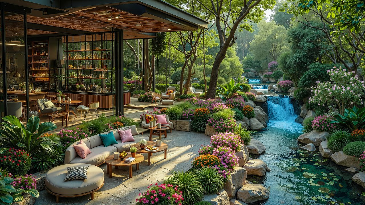 Relaxing Outdoor  Coffee Shop Jazz by a Forest Stream 🌿 Spring Jazz for Focus and Relax