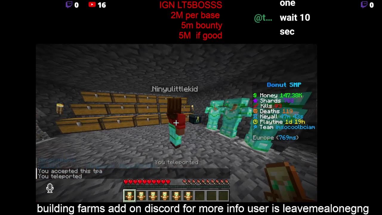 5M BOUNTY Donut smp ! 500k per base  / 50m lootdrop at 10 vieweres / gambling or auctioning