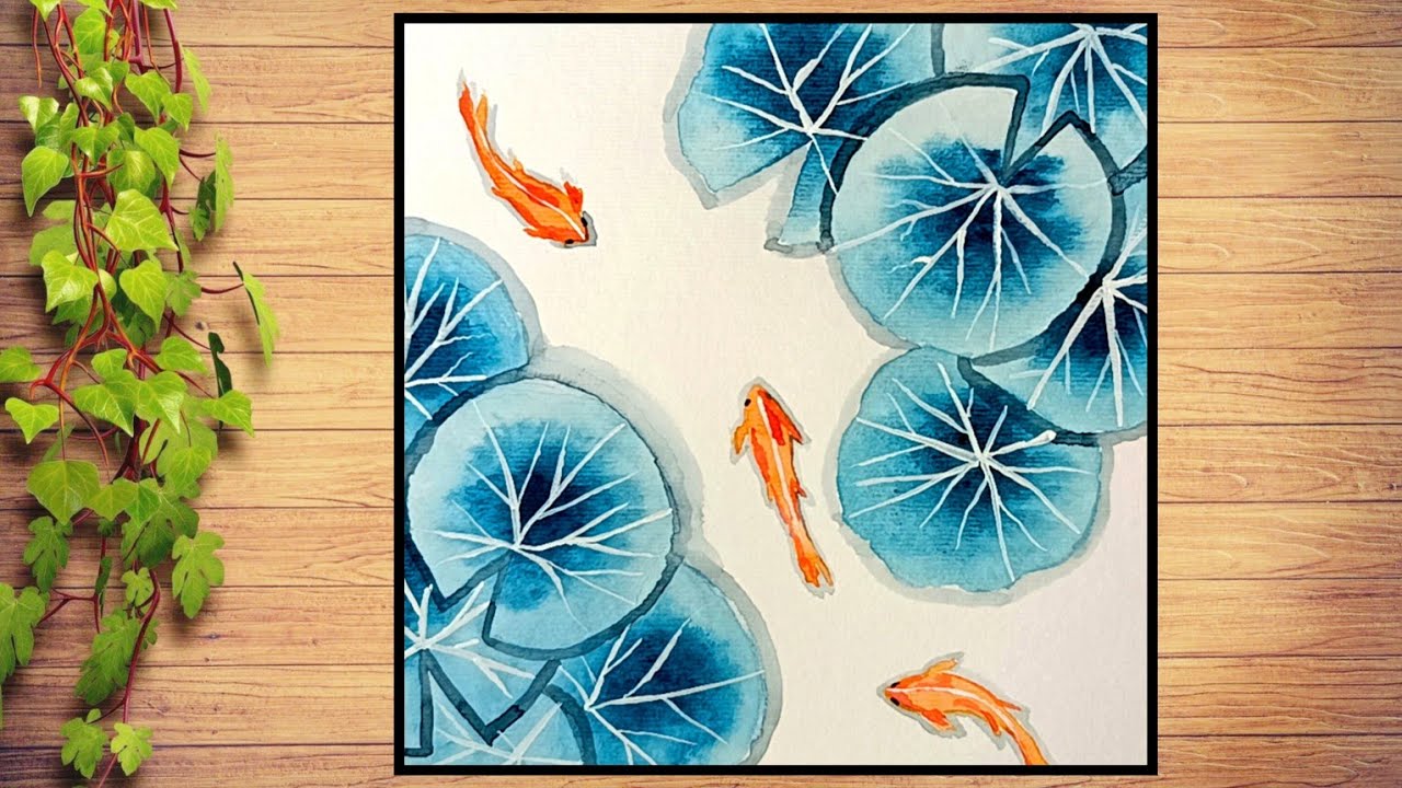 Water lilies and red fish scenery painting 🖌️ easy watercolour painting for beginners step by step 