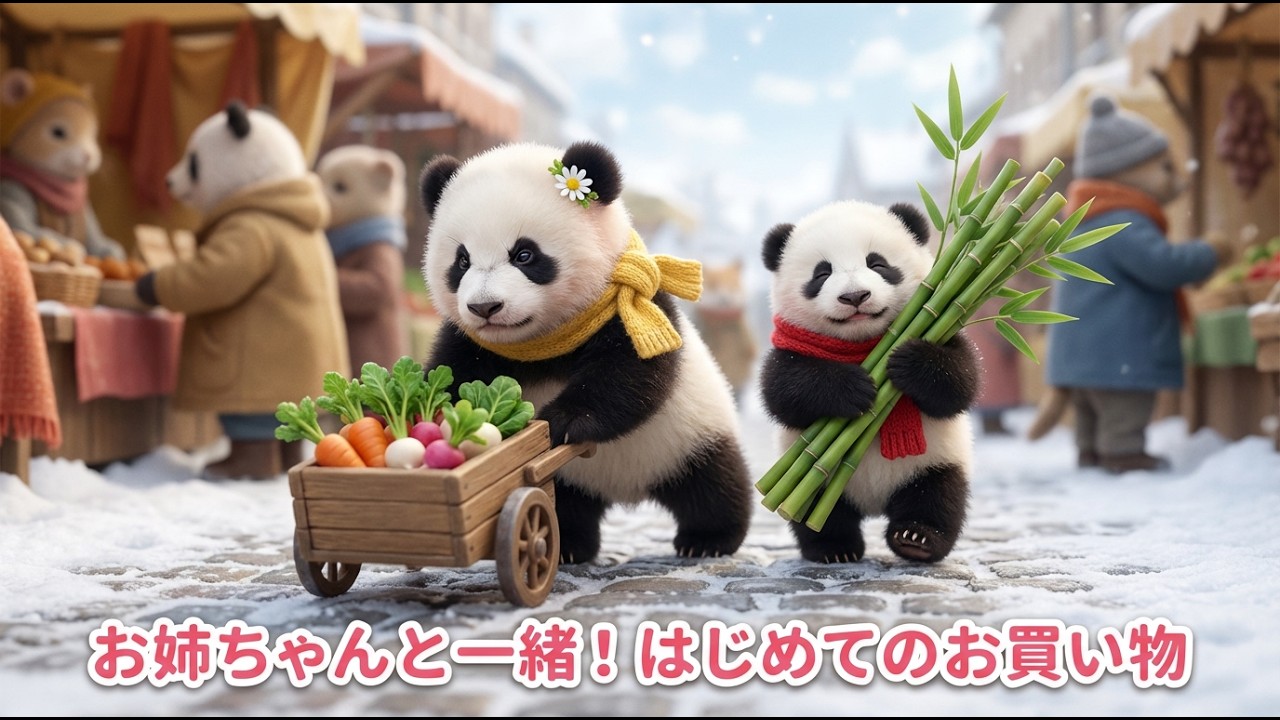 【癒し】赤ちゃんパンダ、初めての市場でカートを笹でいっぱいにしちゃう🐼冬の家族お買い物ログ｜Poko's Little Days