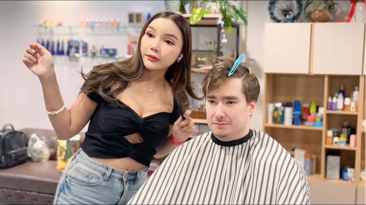 Very Beautiful Thai Lady Barber Hair Cut Me in Bangkok Thailand ASMR