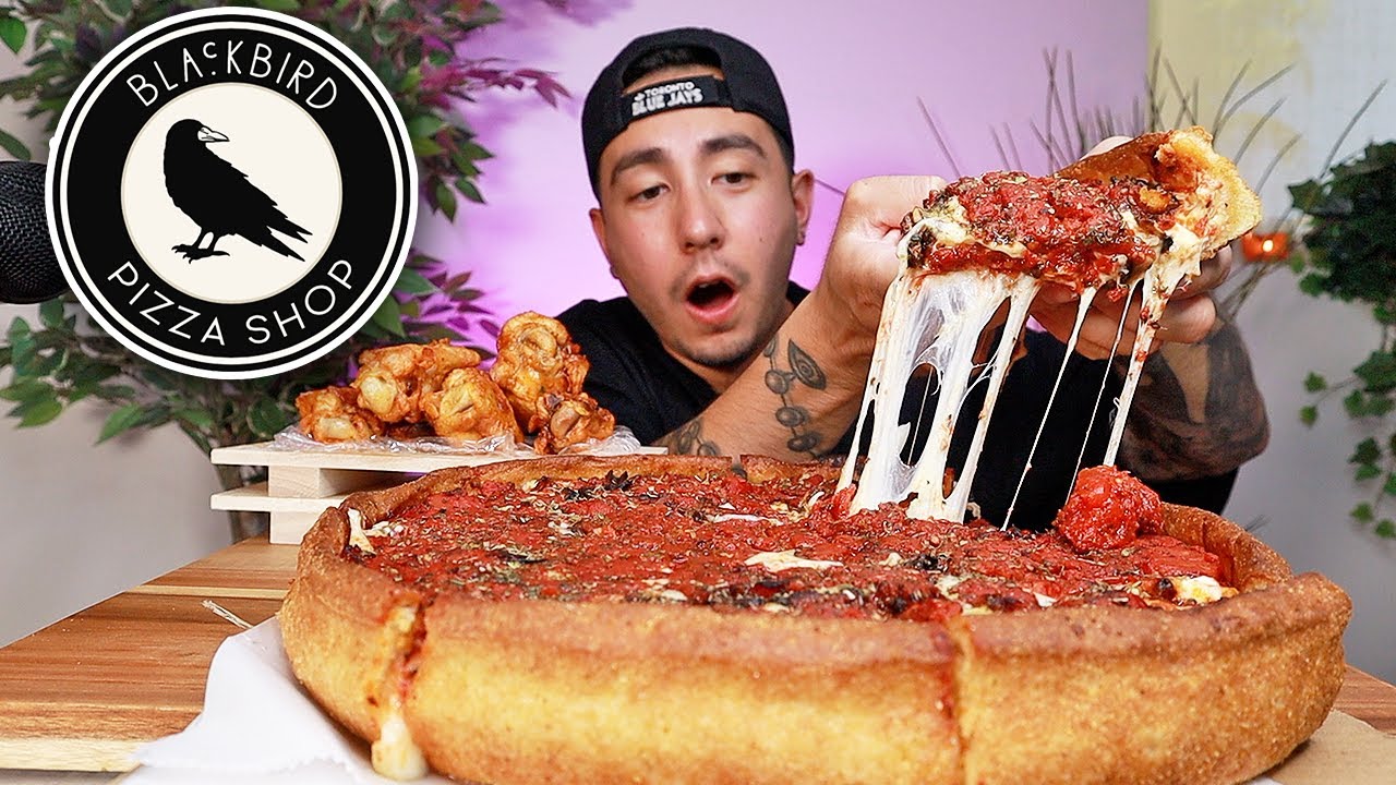 BLACKBIRD PIZZA SHOP MUKBANG | CHICAGO-STYLE CHEESY DEEP DISH PIE PIZZA + BUFFALO WINGS