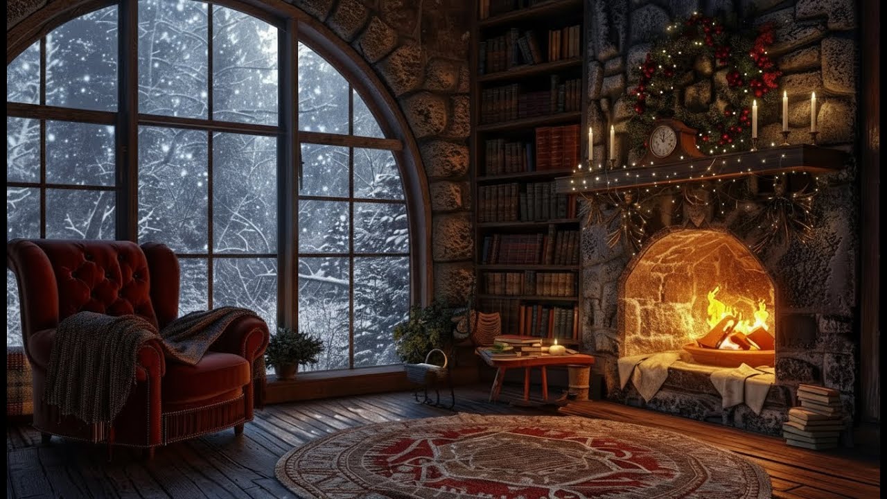 Tranquil Winter Room 🔥 Crackling Fire, Forest Snow & Soft Piano for Deep Sleep