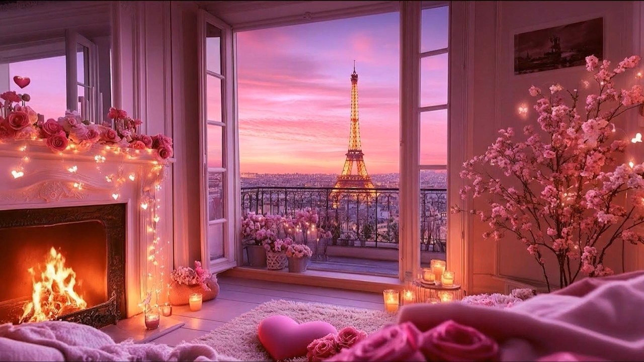 Spring Valentine’s Bedroom Ambience 💗 | Soft Pink Romance, Cozy Fireplace Sounds for Peaceful Sleep