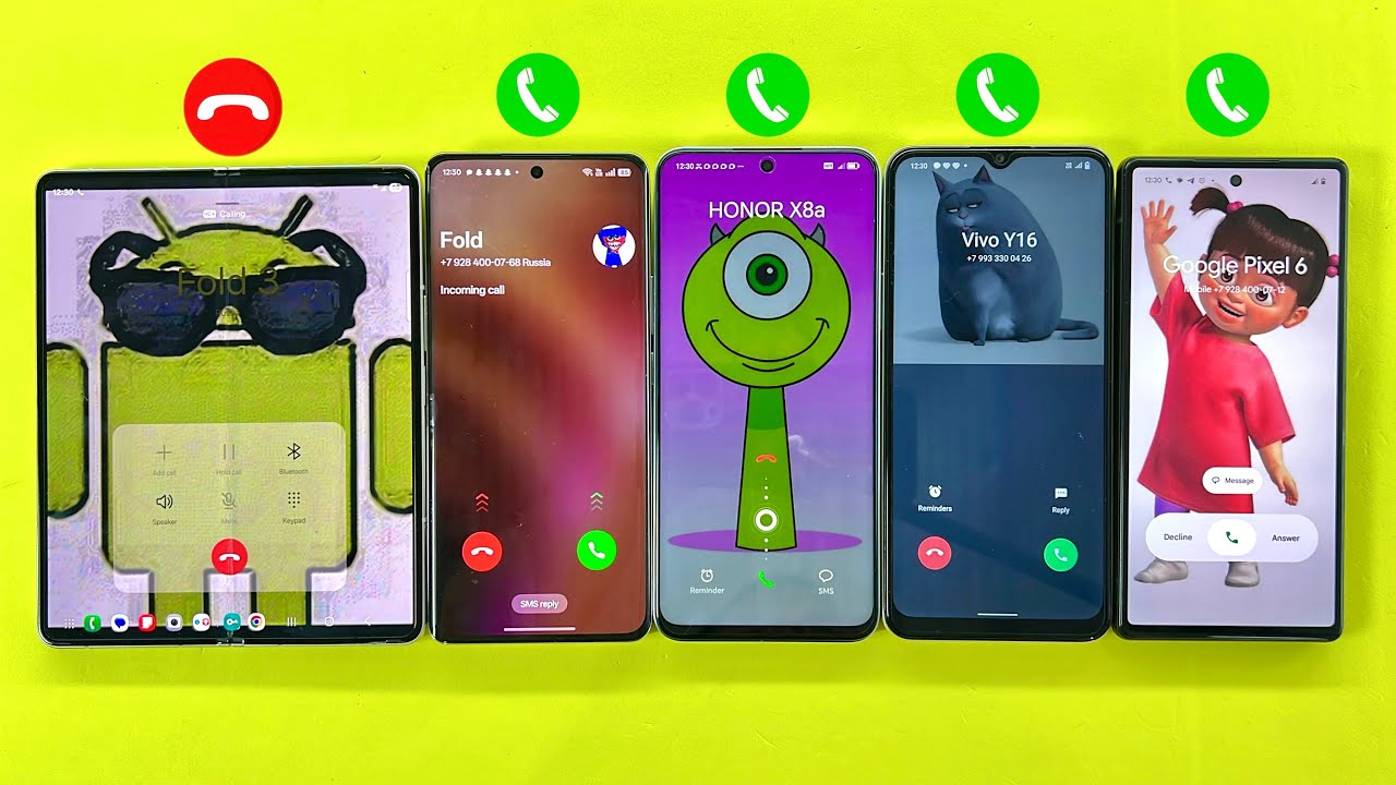 Incoming & Outgoing Calls on Samsung Z Fold3, Google Pixel 6, Realme 12Pro, ViVo Y16, HONOR X8a 