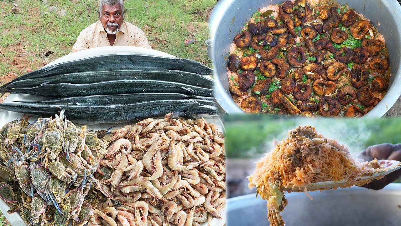 SEA FOODS BRIYANI | FISH,CRAB,PRAWNS Mixed BRIYANI | Dad's Making Sea foods mixed briyani in village