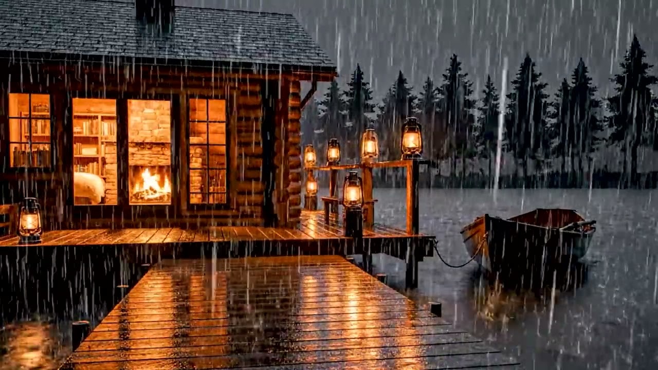 4copy Rainy Night at the Luxury Lake House 🌧️ Relaxing Rain & Crackling Fireplace Ambience for Rest