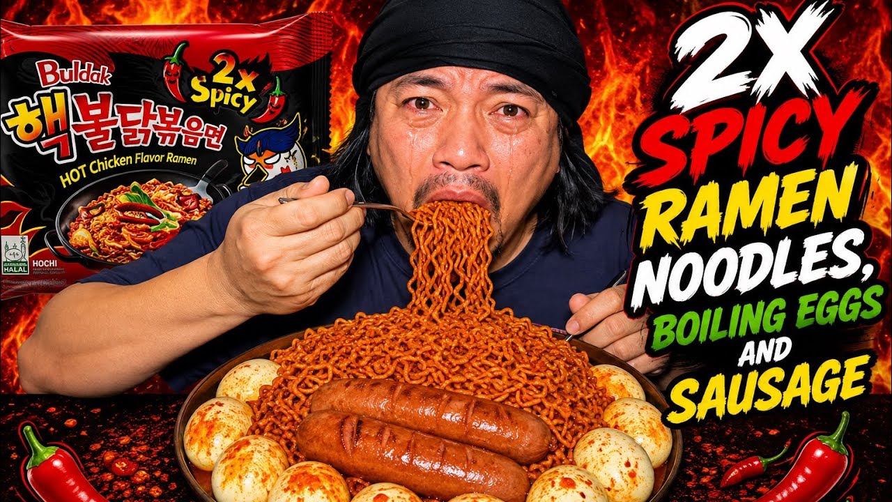 OMG..😱 2X SPICY 🌶️ RAMEN NOODLES WITH BOILING EGGS,CHICKEN SAUSAGES MUKBANG #kabirmukbangvideo 