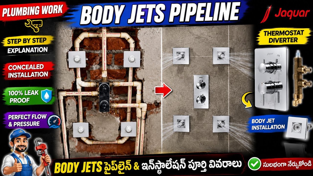 Plumbing work for body jets pipeline || Jaquar thermostat diverter & body jet installation