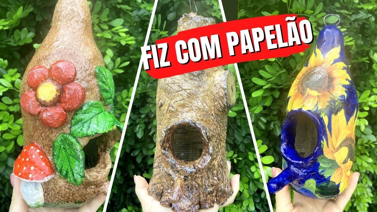 DIY - 3 CASINHAS DE PASSARINHO COM PAPELÃO E GARRAFAS PET #reciclagem