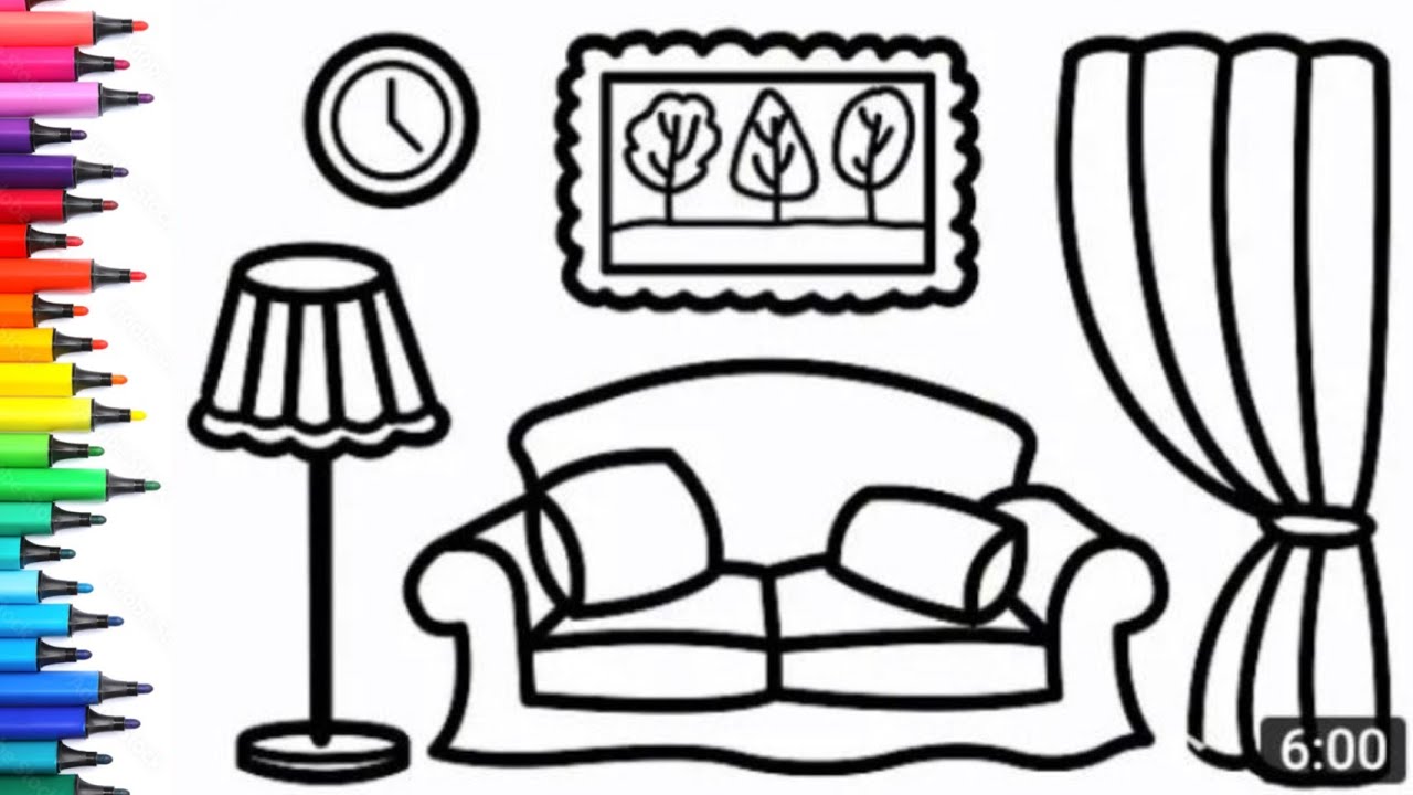 Living Room, Sofa, Lamp and Curtain Drawing, Painting & Colouring for Kids and Toddlers_ Child Art 