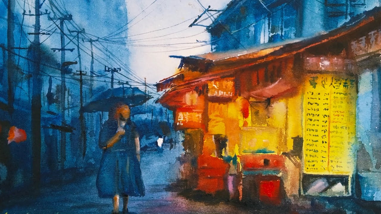 Rainy evening market Street in watercolor painting 