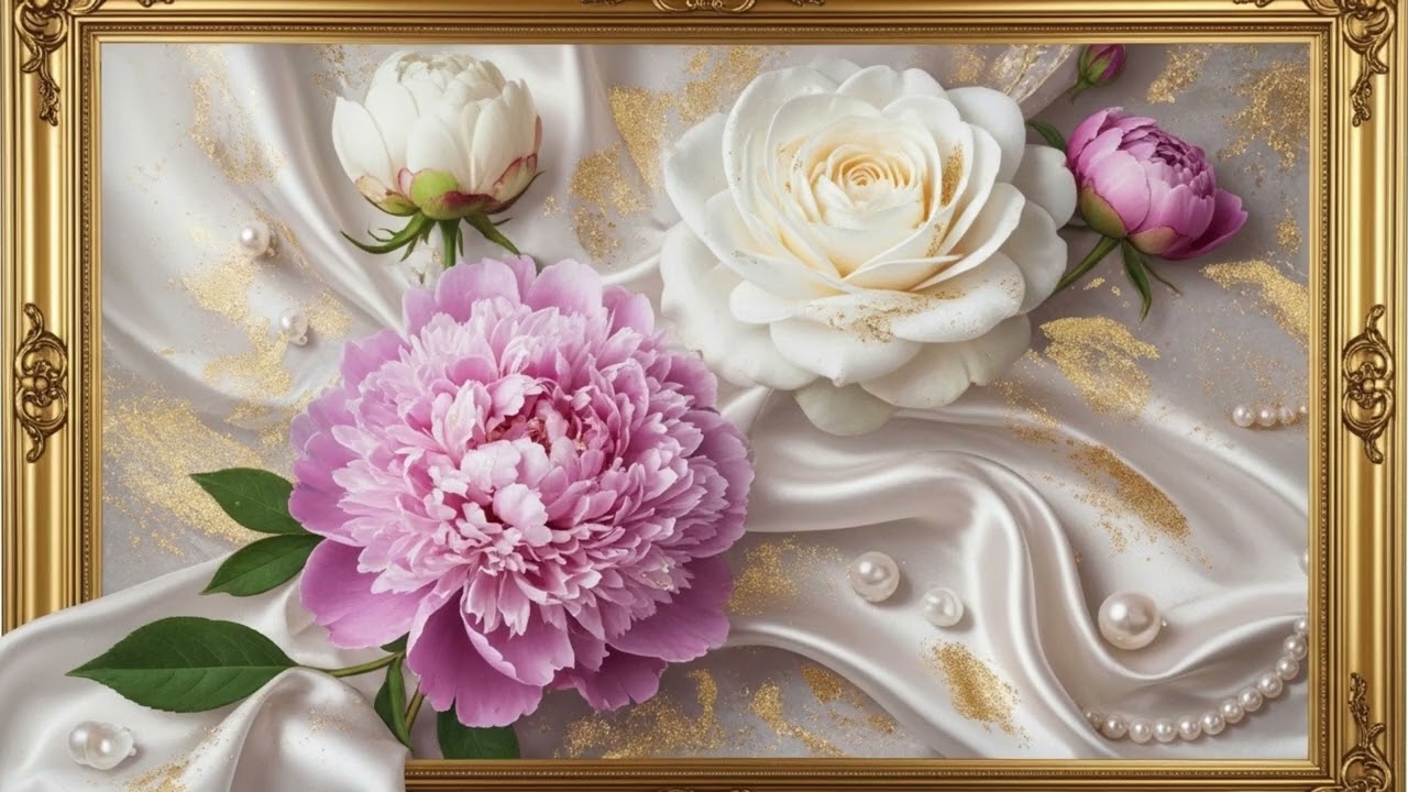 Peonías y Rosas Elegantes 4K | Arte para TV Silencioso | Marco Dorado Luxury